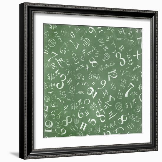 Mathematics Formulas Abstract Background (On Green Chalkboard)-pashabo-Framed Art Print