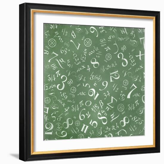 Mathematics Formulas Abstract Background (On Green Chalkboard)-pashabo-Framed Art Print