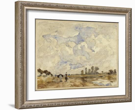 Matin heureux, sur un chemin longeant une rivière une femme et un cheval marchant-Paul Huet-Framed Giclee Print