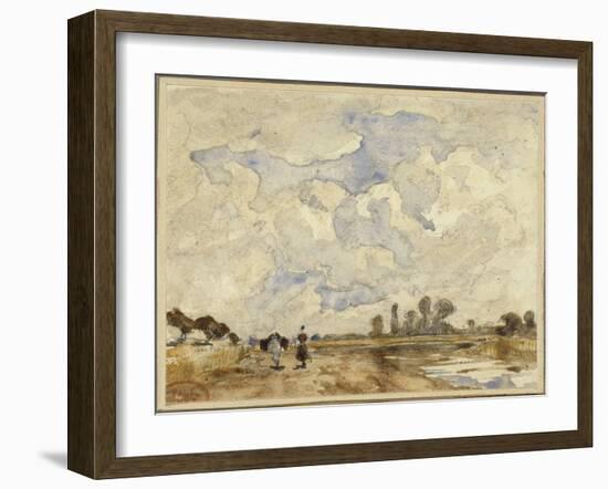 Matin heureux, sur un chemin longeant une rivière une femme et un cheval marchant-Paul Huet-Framed Giclee Print