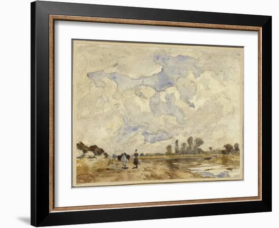 Matin heureux, sur un chemin longeant une rivière une femme et un cheval marchant-Paul Huet-Framed Giclee Print