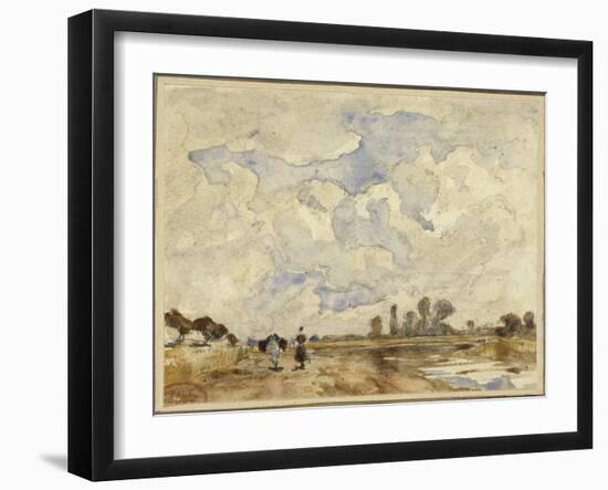 Matin heureux, sur un chemin longeant une rivière une femme et un cheval marchant-Paul Huet-Framed Giclee Print
