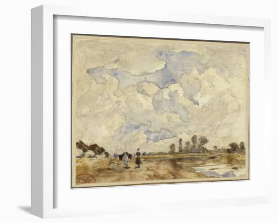 Matin heureux, sur un chemin longeant une rivière une femme et un cheval marchant-Paul Huet-Framed Giclee Print