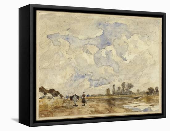 Matin heureux, sur un chemin longeant une rivière une femme et un cheval marchant-Paul Huet-Framed Premier Image Canvas