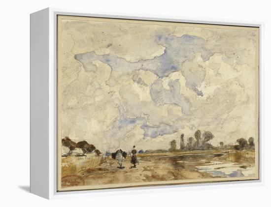 Matin heureux, sur un chemin longeant une rivière une femme et un cheval marchant-Paul Huet-Framed Premier Image Canvas