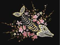 Embroidery Fish Bone and Blossoming Cherryflowers, Gothic Art Background. Embroidery Skeleton of Fi-matrioshka-Art Print