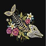 Embroidery Fish Bone and Flowers Gothic Art Background. Embroidery Summer Flowers and Skeleton of F-matrioshka-Premium Giclee Print