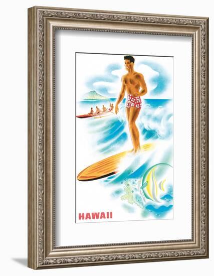 Matson Lines to Hawaii, Surfer and Outrigger, c.1940s-Frank MacIntosh-Framed Art Print