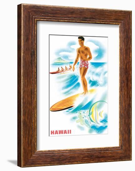 Matson Lines to Hawaii, Surfer and Outrigger, c.1940s-Frank MacIntosh-Framed Art Print