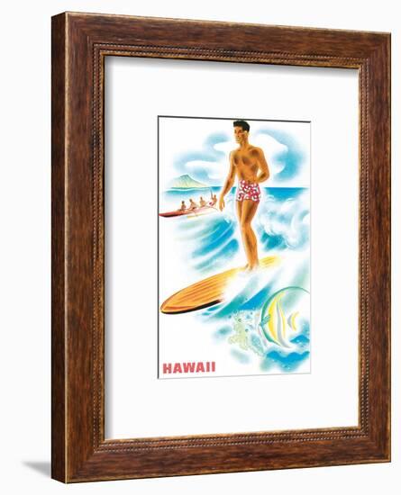 Matson Lines to Hawaii, Surfer and Outrigger, c.1940s-Frank MacIntosh-Framed Art Print