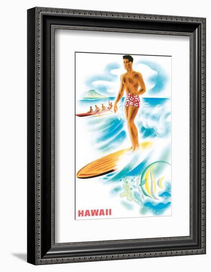 Matson Lines to Hawaii, Surfer and Outrigger, c.1940s-Frank MacIntosh-Framed Art Print