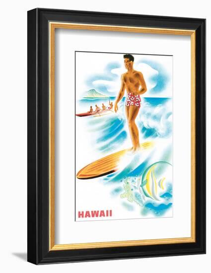 Matson Lines to Hawaii, Surfer and Outrigger, c.1940s-Frank MacIntosh-Framed Art Print