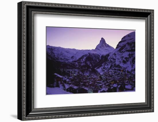 Matterhorn Mountain and Town at Twilight, Zermatt, Switzerland-Gavin Hellier-Framed Photographic Print