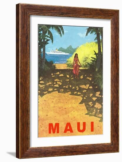 Maui, Cruise Ship, Hawaiian Girl on Jungle Path-null-Framed Art Print