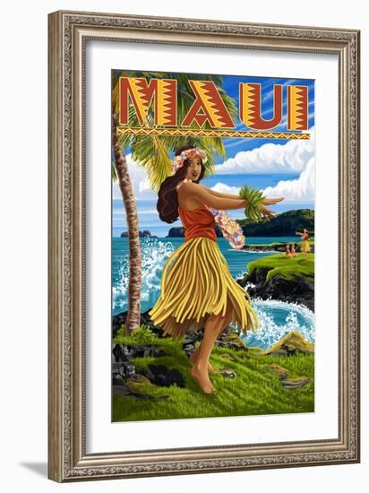 Maui, Hawaii - Hula Girl on Coast-Lantern Press-Framed Art Print