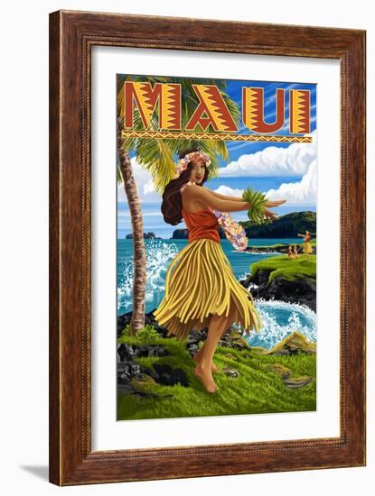Maui, Hawaii - Hula Girl on Coast-Lantern Press-Framed Art Print