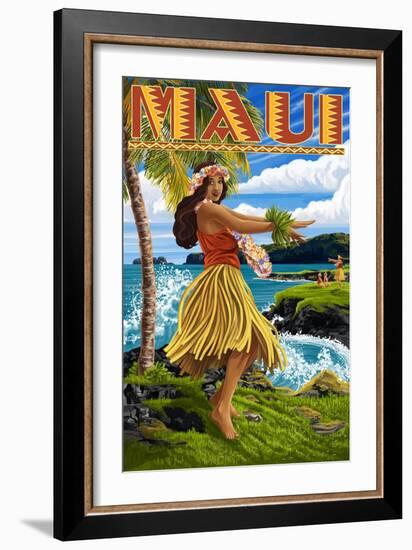 Maui, Hawaii - Hula Girl on Coast-Lantern Press-Framed Art Print