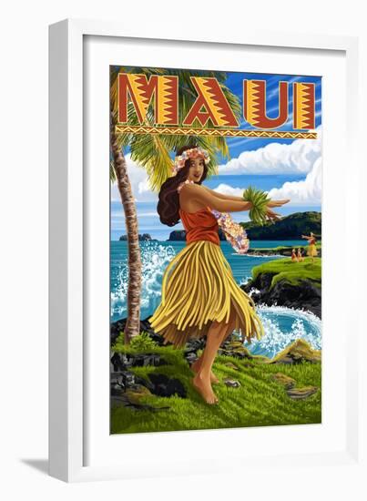 Maui, Hawaii - Hula Girl on Coast-Lantern Press-Framed Art Print