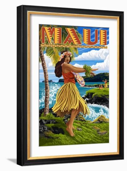 Maui, Hawaii - Hula Girl on Coast-Lantern Press-Framed Art Print