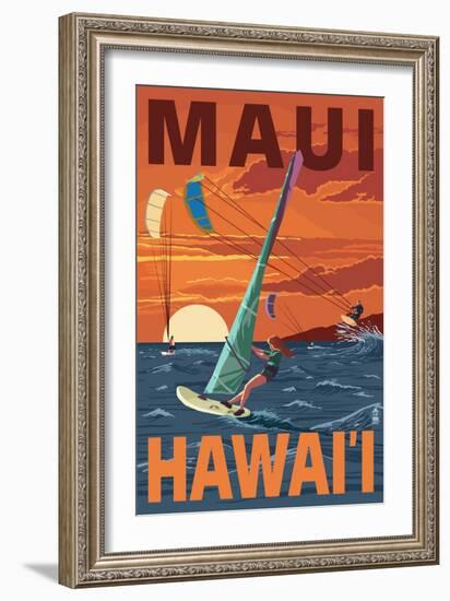 Maui, Hawaii - Windsurfers Scene at Sunset-Lantern Press-Framed Art Print