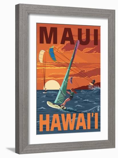 Maui, Hawaii - Windsurfers Scene at Sunset-Lantern Press-Framed Art Print