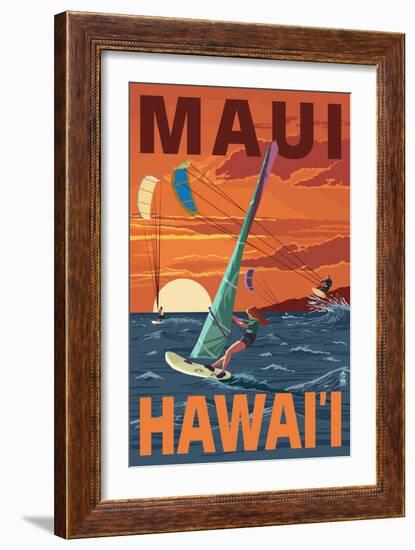 Maui, Hawaii - Windsurfers Scene at Sunset-Lantern Press-Framed Art Print