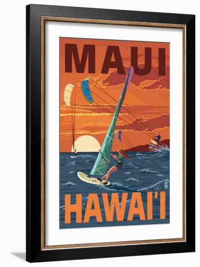 Maui, Hawaii - Windsurfers Scene at Sunset-Lantern Press-Framed Art Print