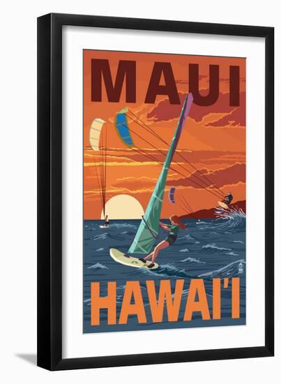 Maui, Hawaii - Windsurfers Scene at Sunset-Lantern Press-Framed Art Print