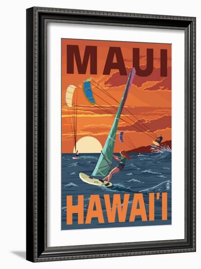 Maui, Hawaii - Windsurfers Scene at Sunset-Lantern Press-Framed Art Print