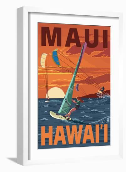 Maui, Hawaii - Windsurfers Scene at Sunset-Lantern Press-Framed Premium Giclee Print