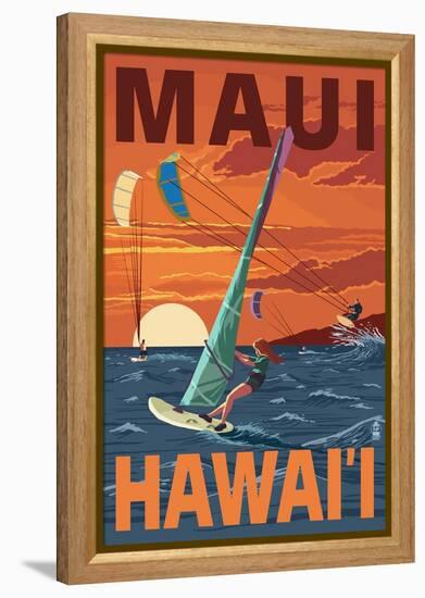 Maui, Hawaii - Windsurfers Scene at Sunset-Lantern Press-Framed Stretched Canvas