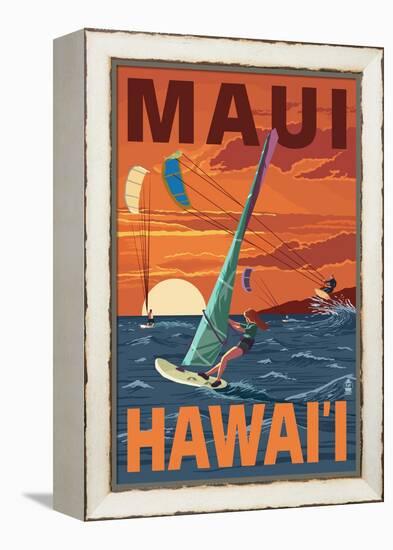 Maui, Hawaii - Windsurfers Scene at Sunset-Lantern Press-Framed Stretched Canvas