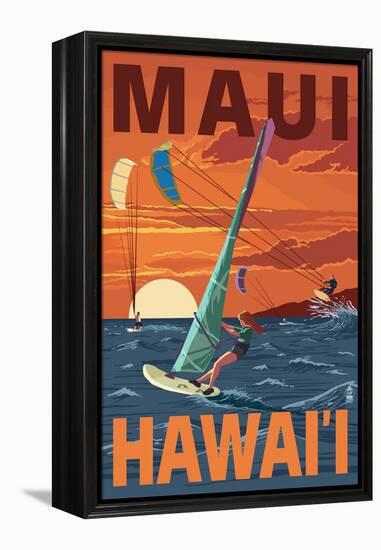 Maui, Hawaii - Windsurfers Scene at Sunset-Lantern Press-Framed Stretched Canvas