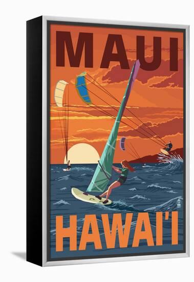 Maui, Hawaii - Windsurfers Scene at Sunset-Lantern Press-Framed Stretched Canvas