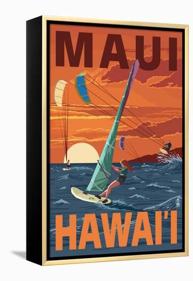 Maui, Hawaii - Windsurfers Scene at Sunset-Lantern Press-Framed Stretched Canvas