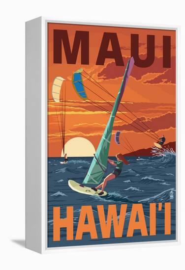 Maui, Hawaii - Windsurfers Scene at Sunset-Lantern Press-Framed Stretched Canvas