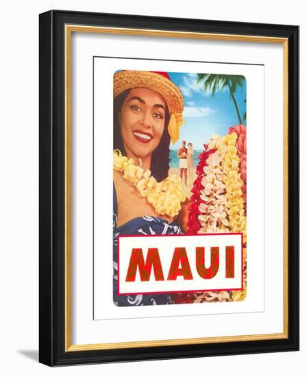 Maui, Hawaiian Lady with Frangipani Leis-null-Framed Art Print