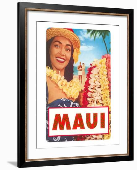 Maui, Hawaiian Lady with Frangipani Leis-null-Framed Art Print