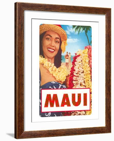 Maui, Hawaiian Lady with Frangipani Leis-null-Framed Art Print