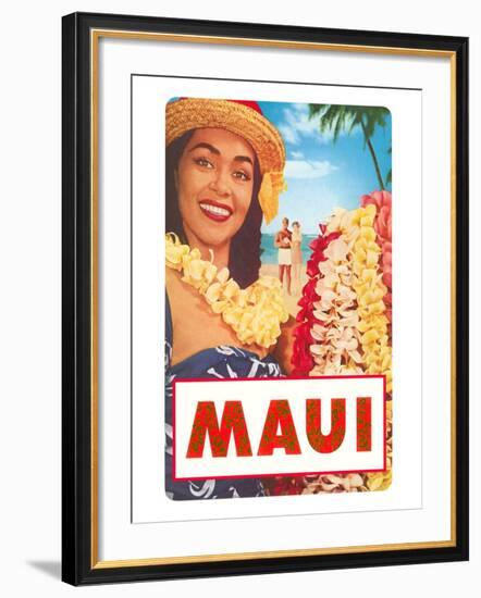 Maui, Hawaiian Lady with Frangipani Leis-null-Framed Art Print