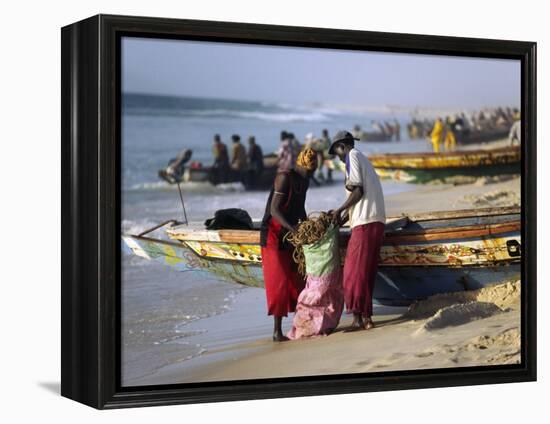 Mauritania, Nouakchott Fishermen Unload Gear from Boats Returning to Shore at Plage Des Pecheurs-Andrew Watson-Framed Premier Image Canvas