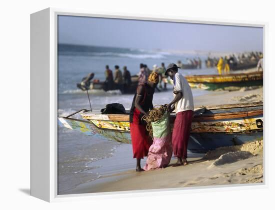 Mauritania, Nouakchott Fishermen Unload Gear from Boats Returning to Shore at Plage Des Pecheurs-Andrew Watson-Framed Premier Image Canvas