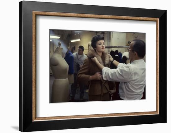 Max Matlick, of Zelinka-Matlick, Adjusting Collar on Model Vera Bartul, New York, New York, 1960-Walter Sanders-Framed Photographic Print