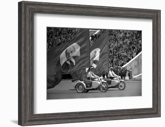 May 1st parade in Moscow, motorcycles with huge flags bearing portraits of Lenin and Marx.-Erich Lessing-Framed Photographic Print