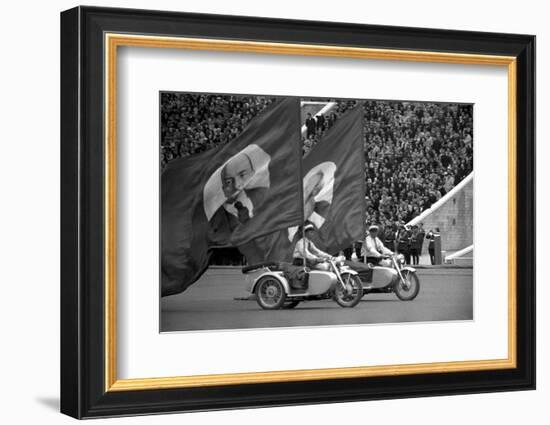 May 1st parade in Moscow, motorcycles with huge flags bearing portraits of Lenin and Marx.-Erich Lessing-Framed Photographic Print