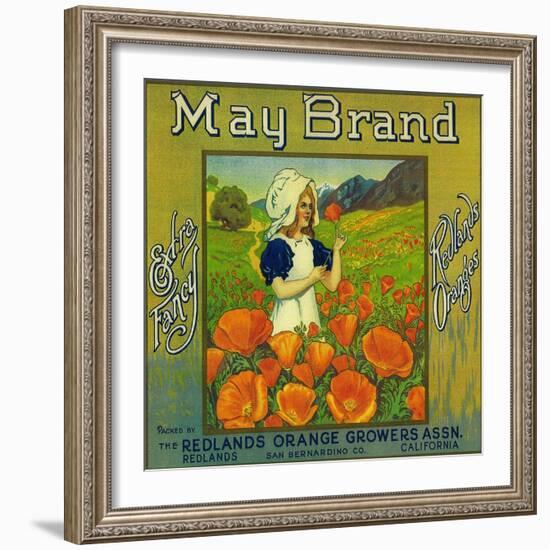 May Orange Label - Redlands, CA-Lantern Press-Framed Art Print