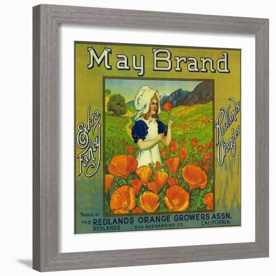 May Orange Label - Redlands, CA-Lantern Press-Framed Art Print