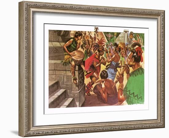 Mayan Natives Dancing and Making Music in Front of a Temple-Peter Jackson-Framed Giclee Print