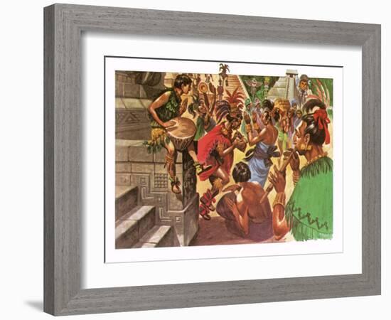 Mayan Natives Dancing and Making Music in Front of a Temple-Peter Jackson-Framed Giclee Print