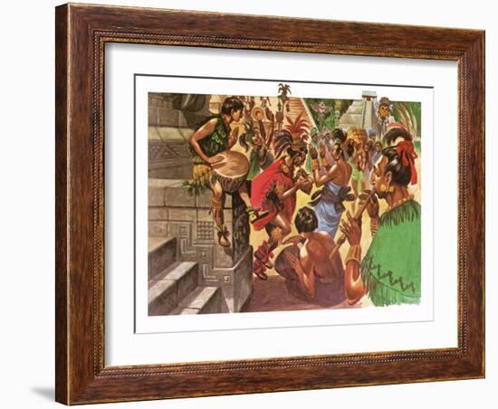 Mayan Natives Dancing and Making Music in Front of a Temple-Peter Jackson-Framed Giclee Print